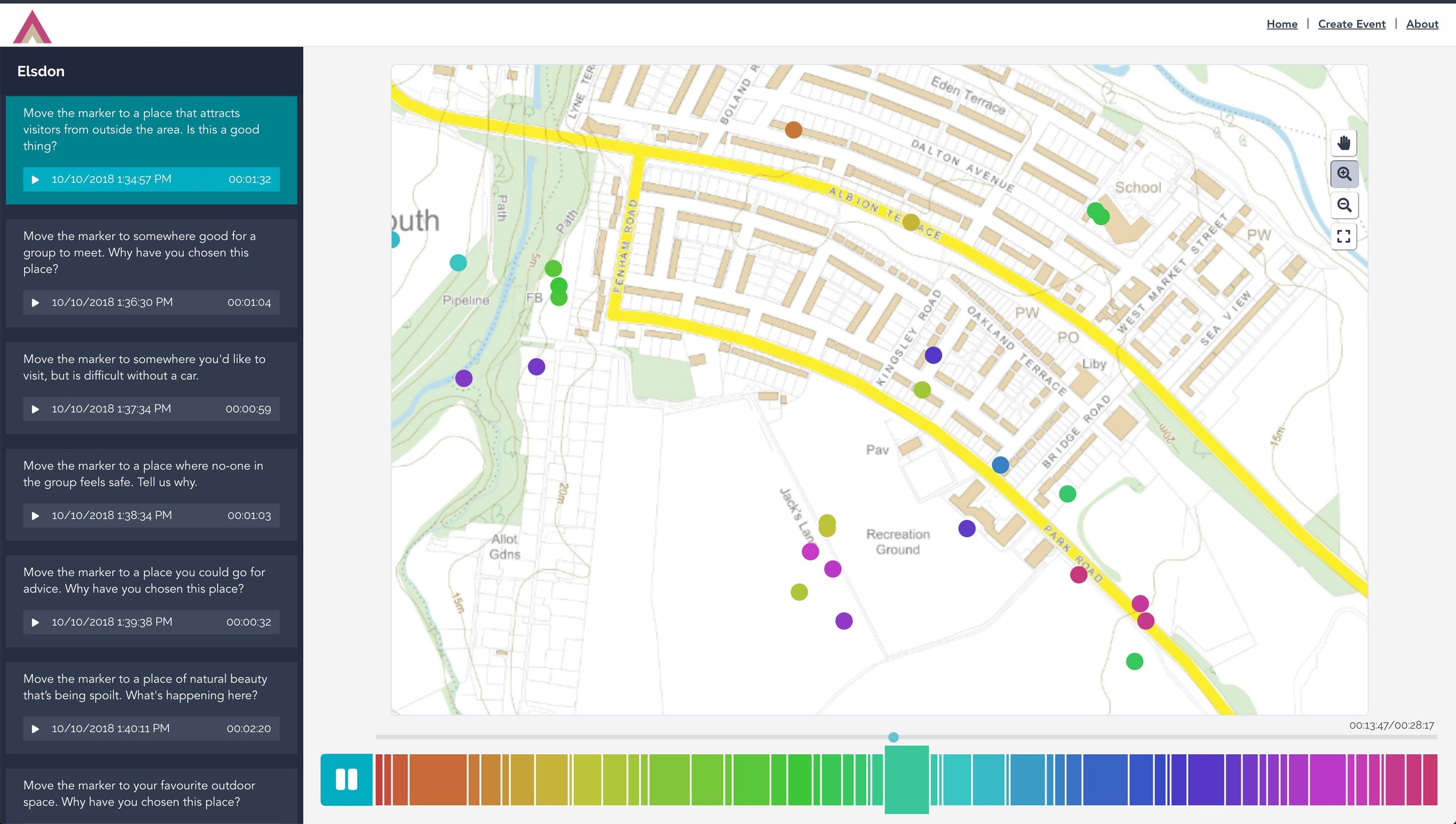 Ambit is a browser-based application that uses a webcam and microphone to capture audio recordings and position data from a physical marker placed on a pre-defined ‘map’.